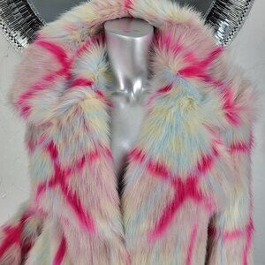 NWT~$340~NVLT~M/L~STUNNING PINK BEIGE PLAID FAUX FOX MINK FUR TRENCH COAT